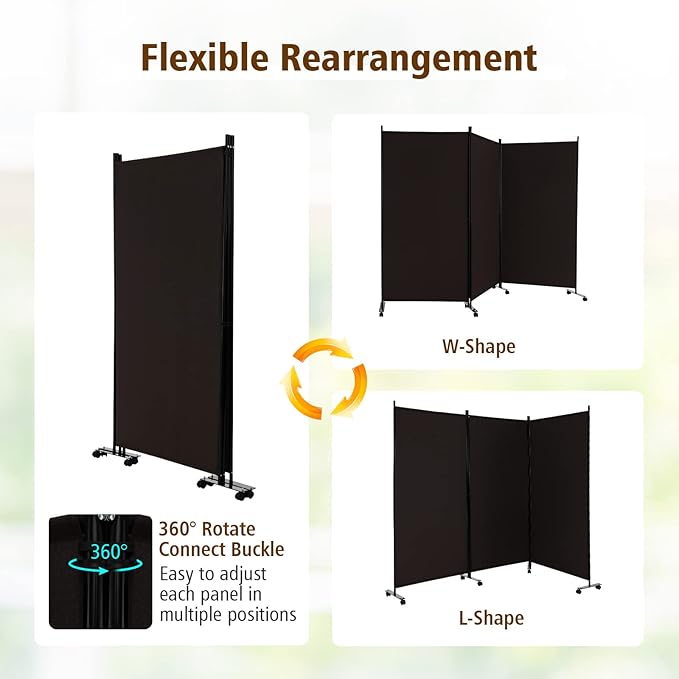 GOFLAME 3 Panel Folding Room Divider, 6FT Rolling Privacy Screen with Lockable Wheels, Portable Room Partition Screen, Freestanding Wall Divider and Separator for Home Office, Brown