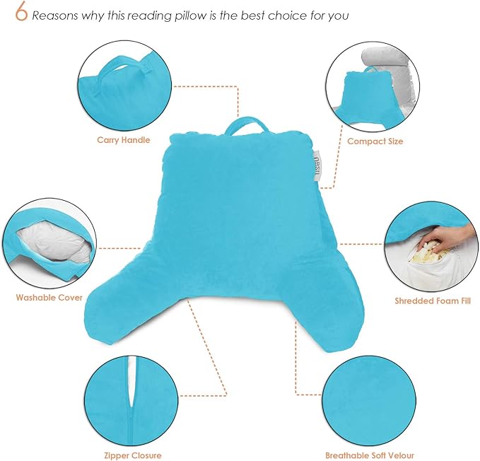 Nestl Reading Pillow with Shredded Memory Foam, Designed for Sitting Up in Bed and Couch, Back and Arms Adjustable Support for Adult & Teens Backrest Pillows for Reading, Washable Cover, Bright Blue