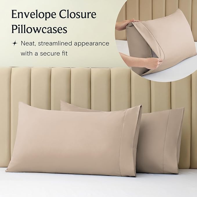 LuxClub 4 PC Full Sheet Set, Deep Pockets Wrinkle Free Cooling Bed Sheets Hotel Bedding for Women, Men, Kids & Teens, Includes 1 Fitted Sheet, 1 Flat Sheet and 2 Pillowcases-Soft Light Khaki