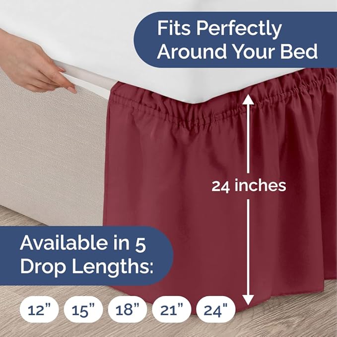 Wrap Around Dust Ruffle Bed Skirt - Burgundy - for Queen Size Beds with 24 Inch Drop - Elastic Strap - Adjustable Pleated Bedskirt with Brushed Fabric and Wrinkle Free - for Women, Men, Kids & Teens
