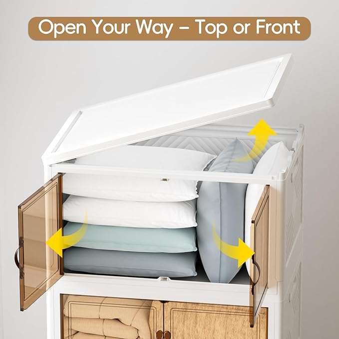 JEKO&JEKO 107Qt Stackable Storage Bins with Lids and Wheels, Foldable Collapsible Plastic Drawer Boxes for Clothes, Home, White, 3 Pack