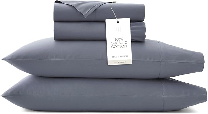 BOLL & BRANCH Signature Hemmed Sheet Set - California King, Mineral - Luxury 100% Organic Cotton - Includes 1 Flat, 1 Fitted, 2 Pillowcases - Buttery Soft
