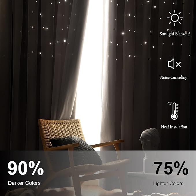 Star Blackout Bedroom Curtains, Beige, 52"W x 63"L, 2 Panels