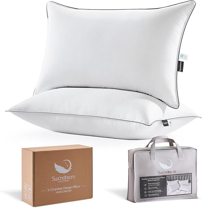 Goose Feather Down Fiber King Pillows 2 Pack, Luxury 3-Chamber Pillows with Soft & Down-Proof Cover, Fluffy Plush Hotel Collection Bed Pillows for Side, Back & Stomach Sleepers, 20"x36"