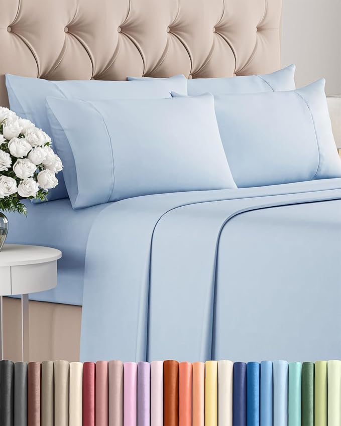 King 6 Piece Sheet Set - Cooling, Comfy & Breathable - Hotel Luxury Bedding, Includes Fitted Sheet for Women, Men, Kids and Teens - 1 Flat, 1 Fitted Sheet, 4 Pillowcases with Deep Pockets - Sky Blue