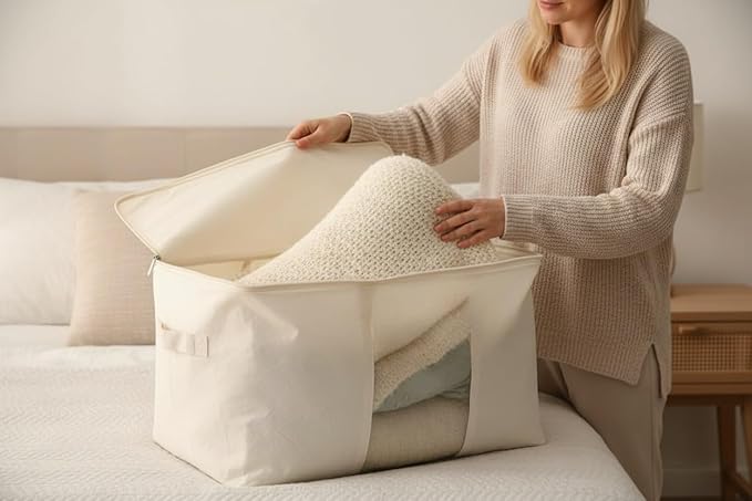 Soft Canvas Clothes Storage Bags with Four Carrying Handles and Clear Window, Closet Organizer for Clothing, Blankets Sheets Pillows and Bedding, 55L, 4 Pack, White