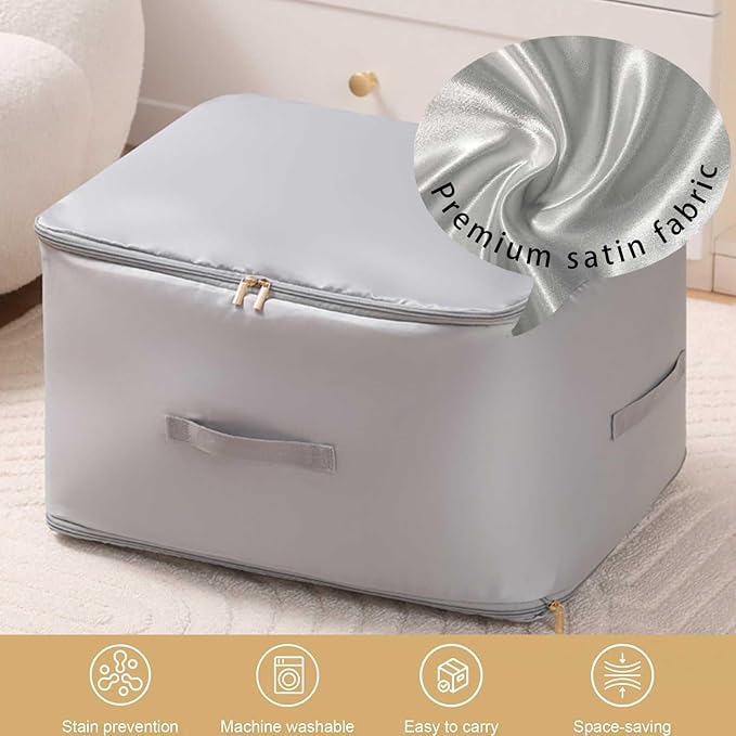 Ultra Space Saving Self Compression Organizer, 3-Layer Zipper Large Capacity Storage Bag, Thick Satin Fabric Heavy Duty Bags for Comforters Blankets Bedding Duvet (Gray, X-Large, 2PCS)