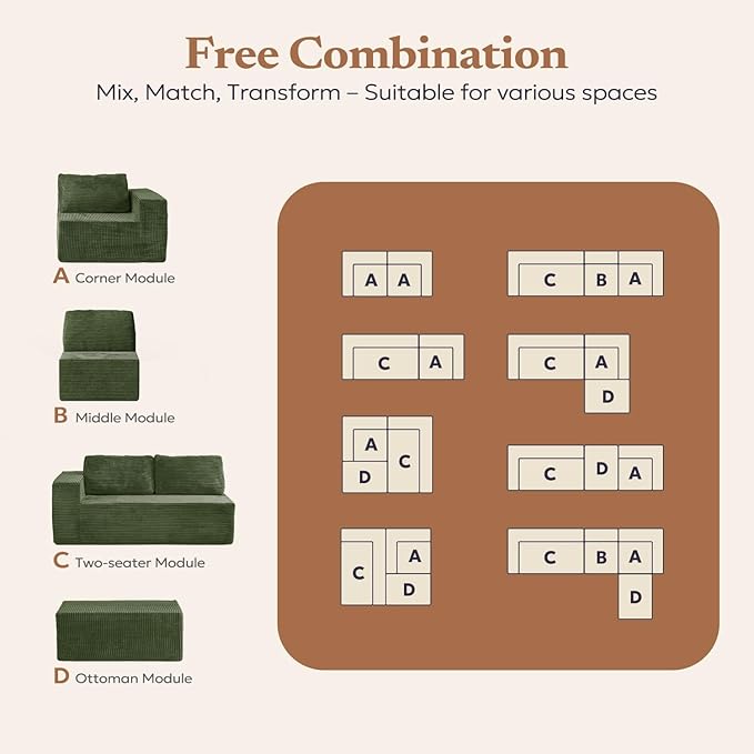 136" Modular Sectional Sofa with L-Shape Chaise, Right/Left Facing Deep Seat Cloud Couch, No Assembly Required, Upholstered Couch for Living Room Bedroom (Green, Plush Corduroy Fabric)