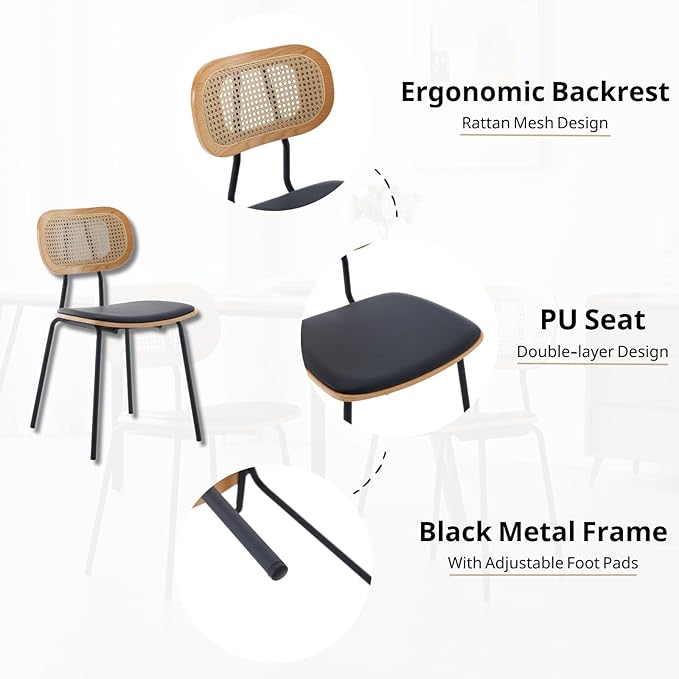 HEAH-YO Modern Dining Chairs Set of 2, Upholstered Faux Leather Rattan Dining Chairs with Backrests, Armless Dining Room Chairs for Kitchen, Black