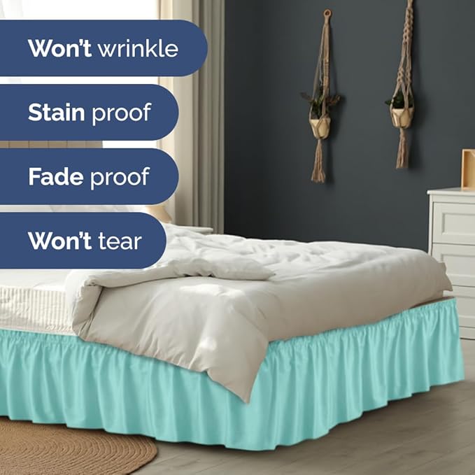 Wrap Around Dust Ruffle Bed Skirt - Spa Blue - for King Size Beds with 12 Inch Drop - Easy Fit Elastic Strap - Adjustable Pleated Bedskirt w/Brushed Fabric Wrinkle Free - for Women, Men, Kids & Teens