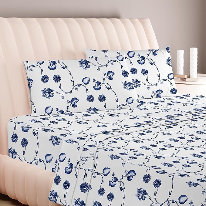 Carressa Linen Luxury Egyptian Cotton King Printed Sheet Set - 600 Thread Count Extra Long Staple 4 PC Set, Blossom Azure King Printed Sheets, Soft, Cooling Sateen Weave Sheets Upto 18 in Deep Pocket