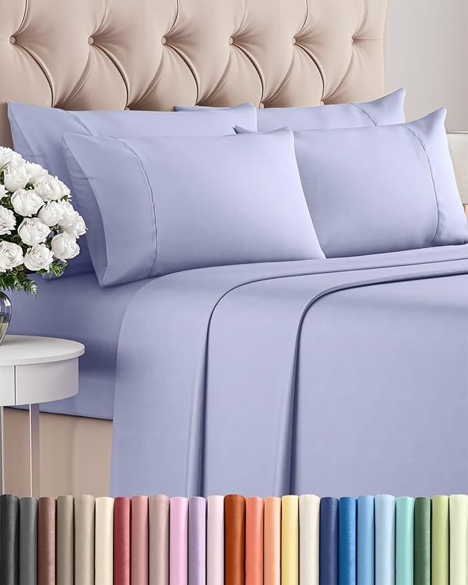 Full 6 Piece Sheet Set - Cooling, Comfy & Breathable - Hotel Luxury Bedding, Includes Fitted Sheet for Women, Men, Kids and Teens - 1 Flat, 1 Fitted Sheet, 4 Pillowcases with Deep Pockets - Lavender