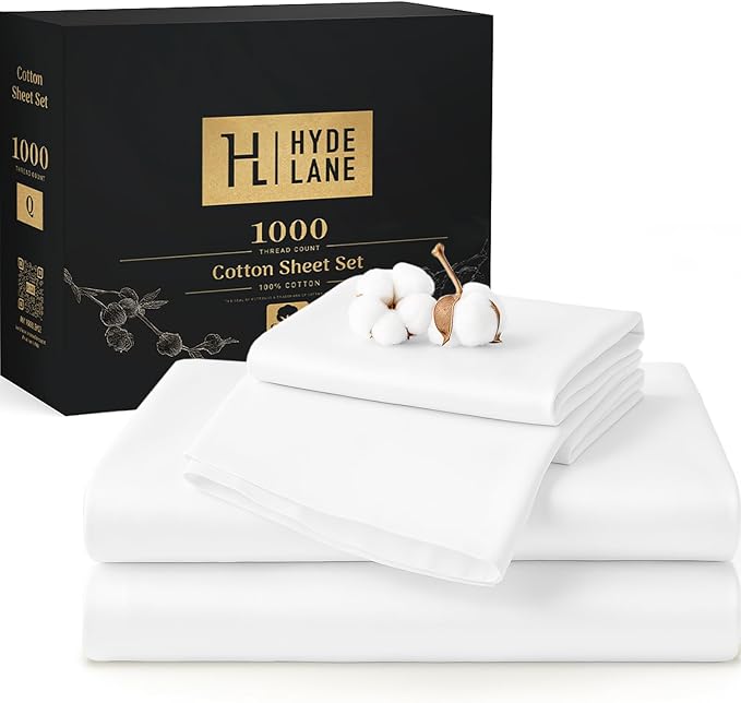 Hyde Lane Luxury 1000 Thread Count 100% Cotton Sheets | Very Soft & Thick - Fits Upto 20" Mattress | Sateen Weave Bed Sheets 18" Deep Pocket- 4 PC Sheet Set (Natural White, King)