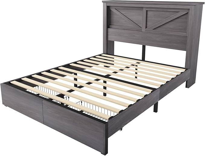 AMERLIFE 47.2" H Queen Bed Frame with Hidden Space Bookcase Headboard and Charging Station, Beds with 2 Storage Drawers and Wood Slats, No Box Spring Needed, Grey