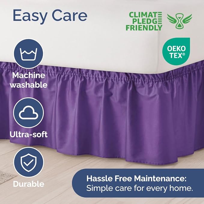 Wrap Around Dust Ruffle Bed Skirt - Purple - Twin/Twin XL Size Beds with 12 Inch Drop - Easy Fit Elastic Strap - Adjustable Pleated Bedskirt w/Brushed Fabric - Wrinkle Free - Women, Men, Kids & Teens