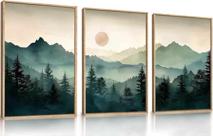 LHIUEM Large Boho Mountain Framed Wall Art Set,Green Foggy Forest Wall Painting,Abstract Nature Sunrise Artwork,Watercolor Pine Tree Wall Decor for Living Room,Bedroom,Office-16''x24''x3
