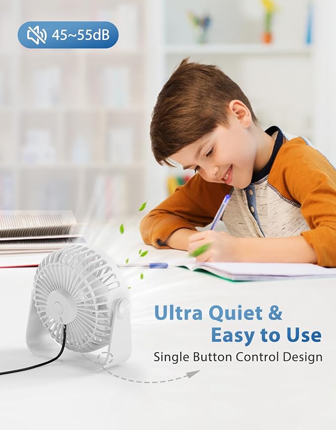 TriPole USB Desk Fan Portable Mini Fan Powerful 3 Speeds Wind Personal Desktop Fan with 360° Head Rotation for Home Office Car Indoor Outdoor White, No Battery, 4.5 Inches