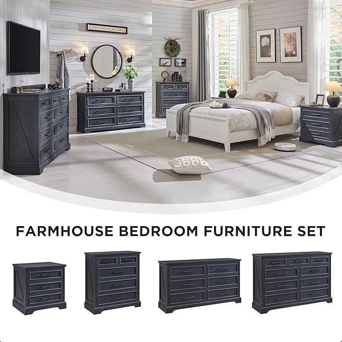 JXQTLINGMU Farmhouse 6 Drawers Dresser for Bedroom, 52'' Wide Large Wood Dressers with Bar Handles, Chests of Drawers with Storage Dressers Organizer for Bedroom, Hallway, Black