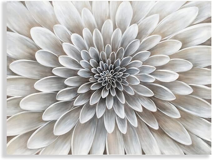 Floral Wall Art in Neutral Color Modern Canvas Decor in Glam Style Framed Artwork with Embellishment Texture Dahlia Flower Picture in White Grey Cream Hues for Office