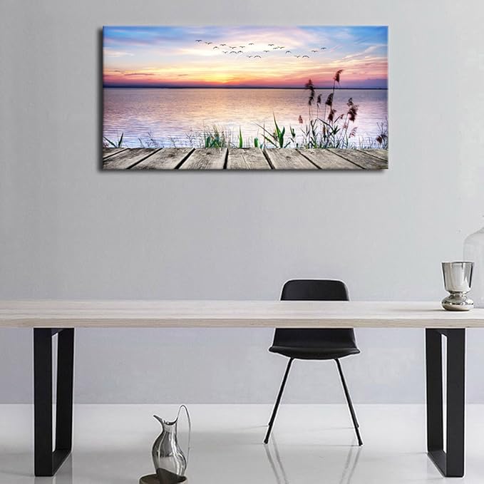 Canvas Wall Art Lake Dock Sunset Scenery Flying Birds Picture Large Beach Sunset Landscape Canvas Artwork Contemporary Nature Pictures for Living Room Bedroom Home Office Kitchen Wall Decor 24" x 48"