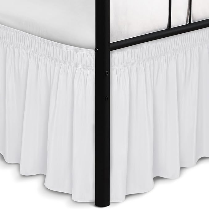 Biscaynebay Wrap Around Bed Skirts with Split Corners for Queen Beds 16" Drop, White Elastic Dust Ruffles Adjustable Easy Fit Wrinkle & Fade Resistant Silky Luxurious Fabric Machine Washable