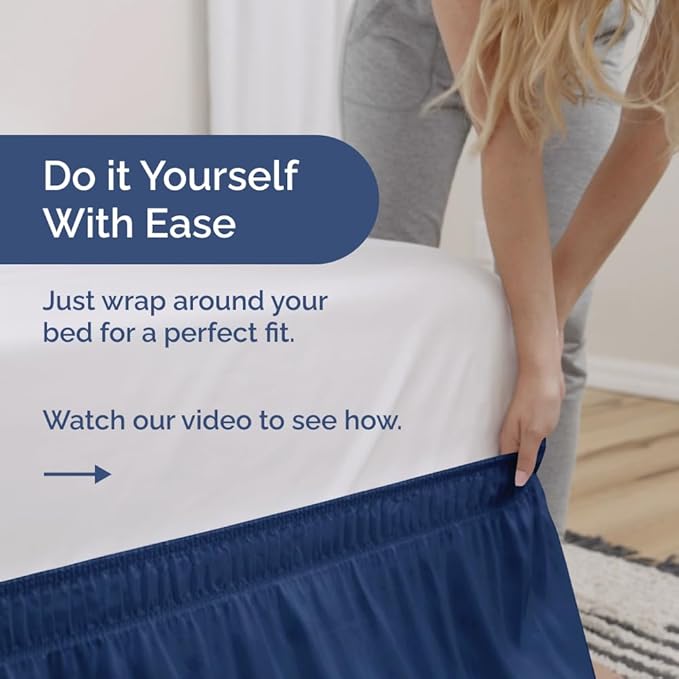 Wrap Around Dust Ruffle Bed Skirt - Navy Blue - for Twin Size Beds w/ 14 Inch Drop - Easy Fit Elastic Strap - Adjustable Pleated Bedskirt with Brushed Fabric, Wrinkle Free Women, Men, Kids and Teens