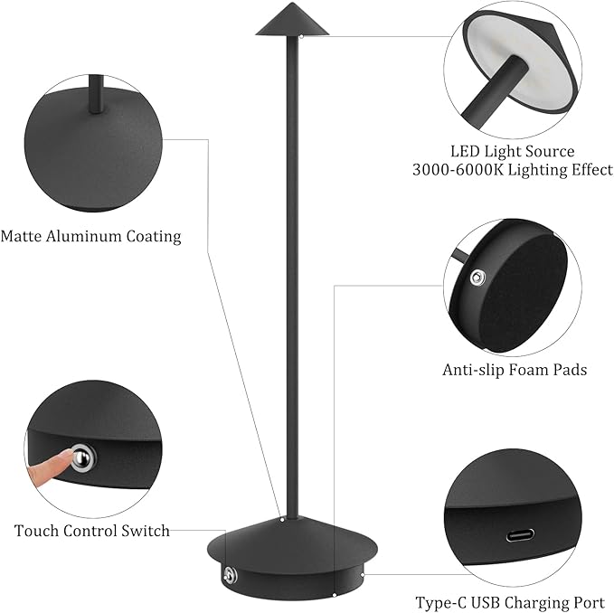 2-Pack 6000mAh Rechargeable Led Table Lamp Cordless,3000K-6000K Stepless Dimming Touch Lamps with Memory Function,IP54 Waterproof Aluminum Table Light for Outdoor/Bars/Restaurant/Patio(Black)