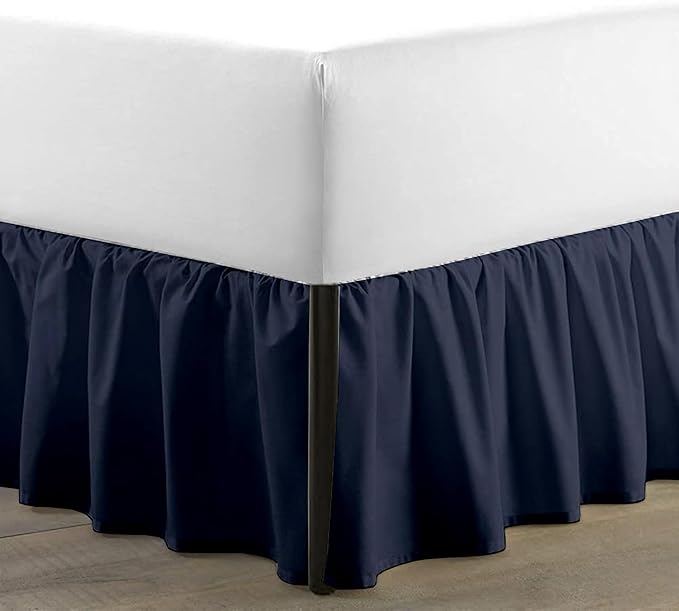 SKY BEDDINGS - Queen Size Ruffled Bed Skirt with Split Corners - 21 Inch Drop Dust Ruffle Bed Skirt with Platform Three Sided Coverage - 100% Microfiber, Navy Blue