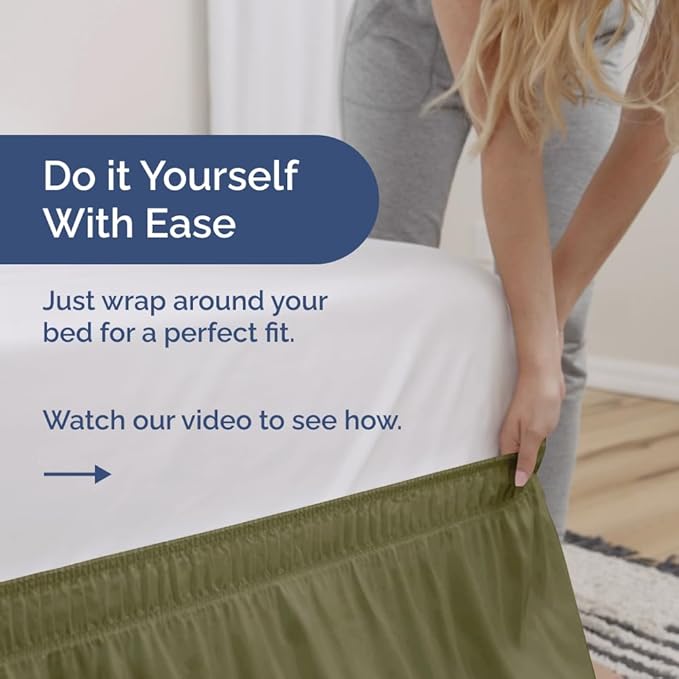 Wrap Around Dust Ruffle Bed Skirt - Sage Green - for Queen Size Beds w/ 14 Inch Drop - Easy Fit Elastic Strap - Adjustable Pleated Bedskirt with Brushed Fabric, Wrinkle Free Women, Men, Kids and Teens