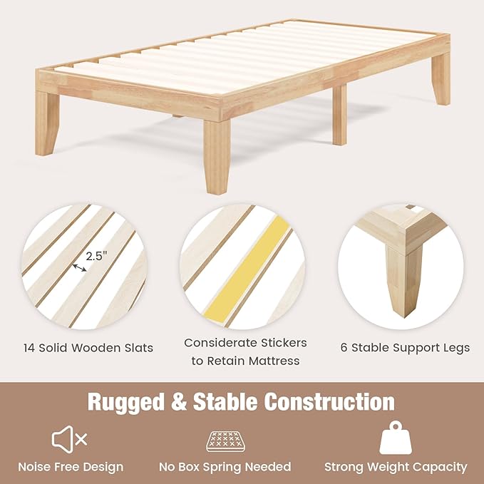 Giantex 14 Inch Twin Wood Platform Bed Frame, Minimalist Style Mattress Foundation with Solid Rubber Wood, Heavy Duty Slat Support, Without Headboard, Easy Assembly, No Box Spring Needed, Natural