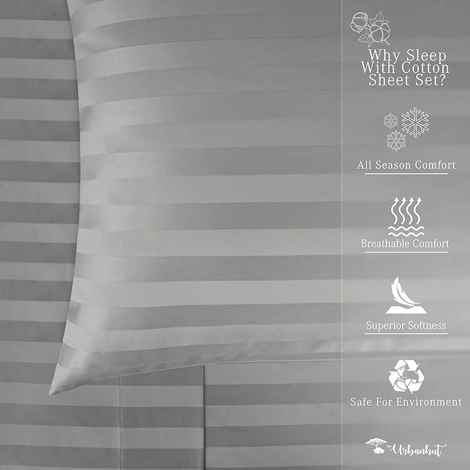 URBANHUT 800 Thread Count 100% Cotton Damask Queen Size Sheets, 4 Piece Striped Queen Size Bedsheets, Luxury Hotel Sheets Sateen Weave - Better Than Egyptian, 16" Elasticized Deep Pocket- Dark Grey