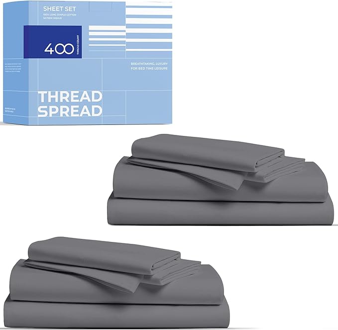 THREAD SPREAD 2-Pack Queen Size Sheets Set - 400 Thread Count 100% Cotton Sateen Weave - Extra Soft, Breathable, Hotel Quality Cooling Sheets, 2 Sets of Queen Size Deep Pocket Bed Sheets (Dark Grey)