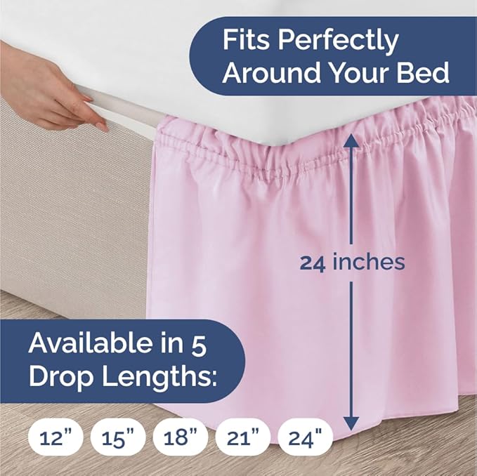 Wrap Around Dust Ruffle Bed Skirt - Light Pink - for King Size Beds with 24 Inch Drop - Elastic Strap - Adjustable Pleated Bedskirt with Brushed Fabric and Wrinkle Free - for Women, Men, Kids & Teens