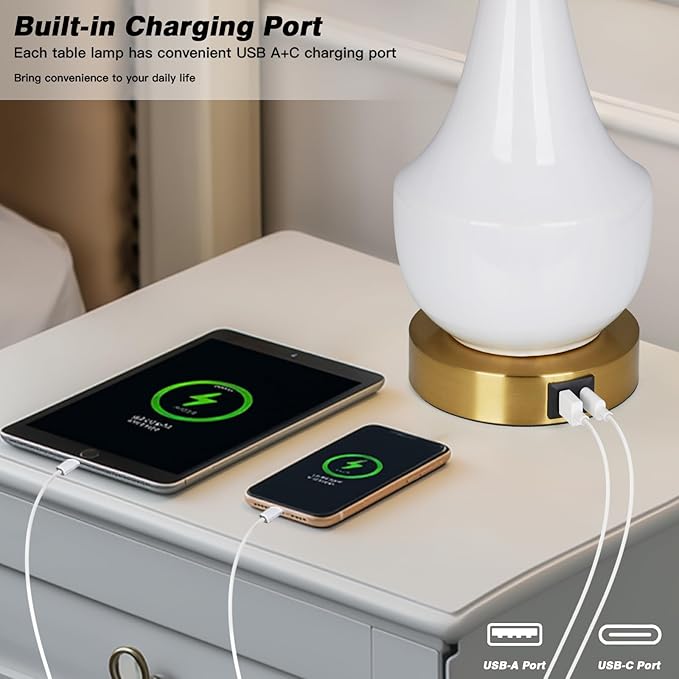 Modern White Table Lamp, 24" Ceramic Table Lamp with USB A+C Ports,Classic Beside Lamps Nightstand Lamp Modern Lamp for Living Room, Bedroom & Office -LED Bulbs Included