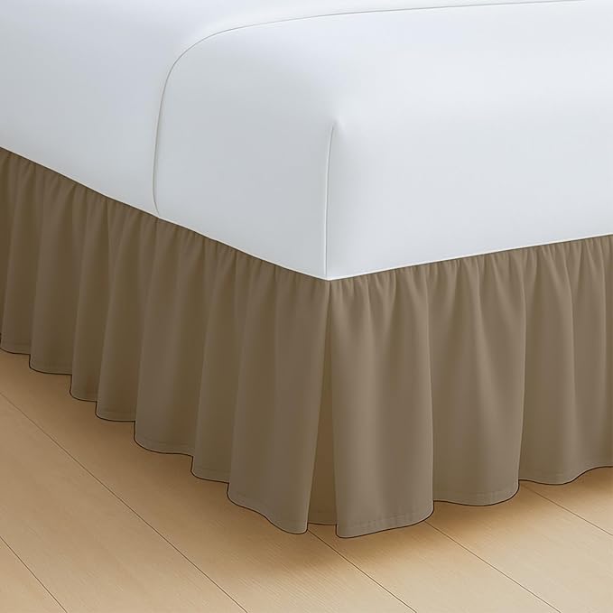 Rajlinen Ruffled Bed Skirt California King, 14 Inch Drop Dust Ruffle with Split Corners, 100% Microfiber Bedskirt with Platform, Three-Sided Coverage Ruffled Gathering Design, Taupe