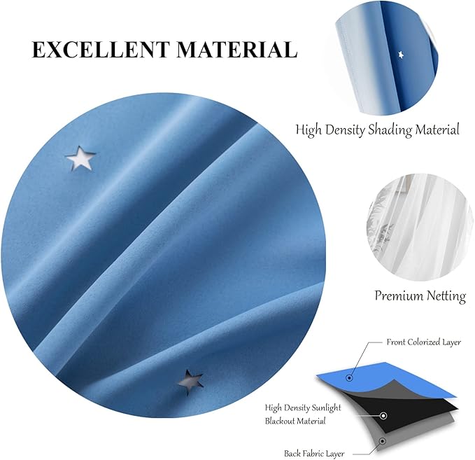 Star Double Layer Blackout Curtains for Bedroom, Kids - Cute, 108 Inches Long, 2 Panels Set, Blue, 42 X 108 Inches