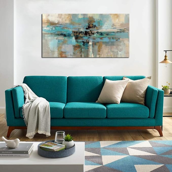 DZL Art A74775 Canvas Prints Abstract Wall Art Print Paintings Blue and Brown Stretched Canvas Wooden Framed for living Room Bedroom and Office Home Decor Artwork
