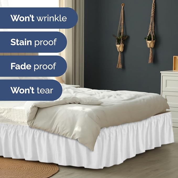 Wrap Around Dust Ruffle Bed Skirt - White - for Queen Size Beds with 18 Inch Drop - Easy Fit Elastic Strap - Adjustable Pleated Bedskirt w/Brushed Fabric - Wrinkle Free - for Women, Men, Kids & Teens