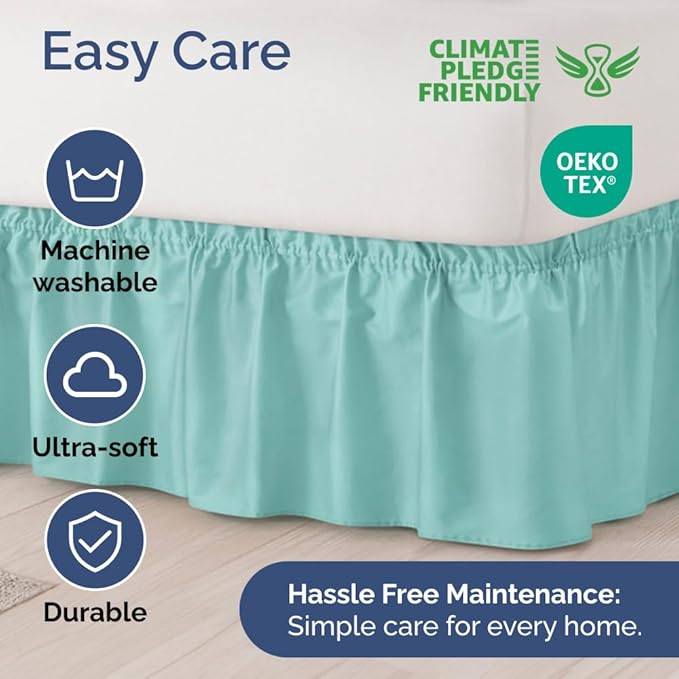 Wrap Around Dust Ruffle Bed Skirt - Spa Blue - Twin/Twin XL Size Beds with 21 Inch Drop - Easy Fit Elastic Strap - Adjustable Pleated Bedskirt w/Brushed Fabric Wrinkle Free - Women, Men, Kids & Teens