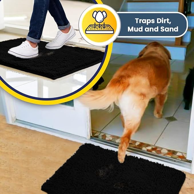 Muddy Mat® Shown on TV – Super Absorbent Microfiber Dog Door Mat for Muddy Paws, Non-Slip Washable Pet Rug, Quick Dry Chenille Entryway Carpet, Machine Washable Indoor Outdoor mat, Black 30"x19"