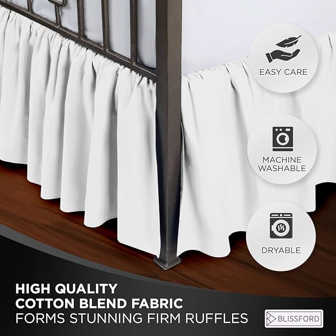 BLISSFORD White Bed Skirt Twin XL Size 18 inch Drop - with Split Corners - Cotton Blend Ruffled Bed Skirt, Dust Ruffle with Platform, White Twin XL Bedskirt, Machine Washable