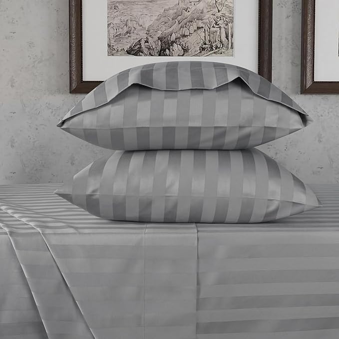 URBANHUT 800 Thread Count 100% Cotton Damask Full Size Sheets, 4 Piece Striped Full Size Bedsheets, Luxury Hotel Sheets Sateen Weave - Better Than Egyptian, 16" Elasticized Deep Pocket- Dark Grey