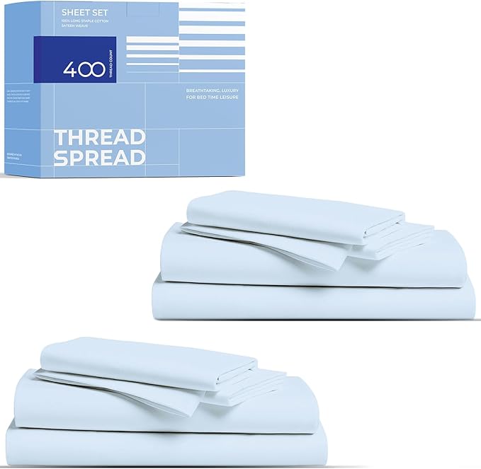 THREAD SPREAD 2-Pack Full Size Sheet Sets - 400 Thread Count 100% Cotton Sateen Weave - Extra Soft, Breathable, Hotel Quality Cooling Sheets, 2 Sets of Full Size Deep Pocket Bed Sheets (Light Blue)