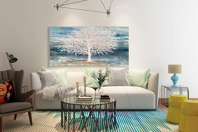 White Tree Canvas Wall Art Large Teal Blue Decor Textured Painting Print with Gold Foil Framed Artwork for Living Room Bedroom(24W*48L