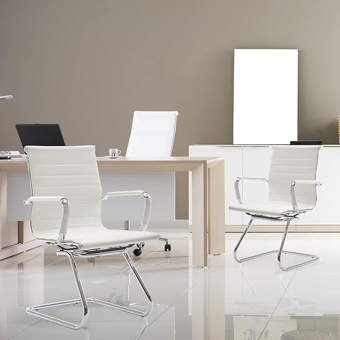 Wahson Office Guest Chairs Set of 4, Leather Reception Chairs, Mid Back Waiting Room Chair, Conference Chairs with Sled Base, Desk Chair No Wheels for Meeting/Lobby/Restroom, White