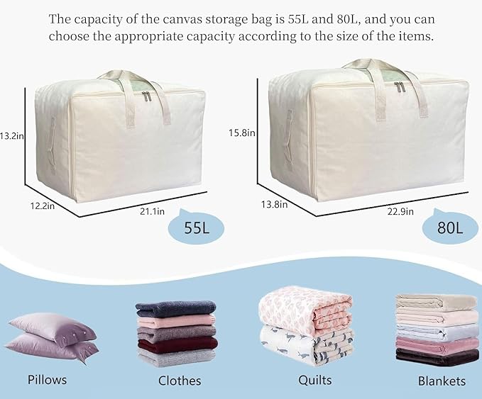 Soft Large Canvas Comforter Storage Bags with Four Carrying Handles and Clear Window, Closet Organizer for Clothing, Blankets Sheets Pillows and Bedding, 80L, 2 Pack, Beige