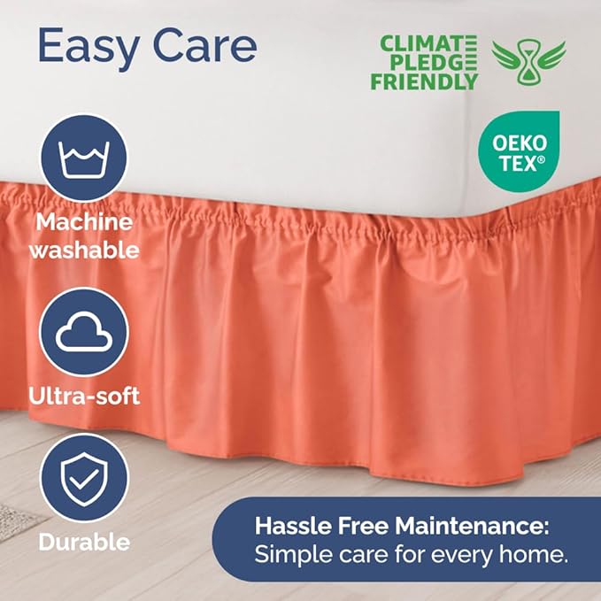 Wrap Around Dust Ruffle Bed Skirt - Coral - Twin/Twin XL Size Beds with 15 Inch Drop - Easy Fit Elastic Strap - Adjustable Pleated Bedskirt w/Brushed Fabric - Wrinkle Free - Women, Men, Kids & Teens