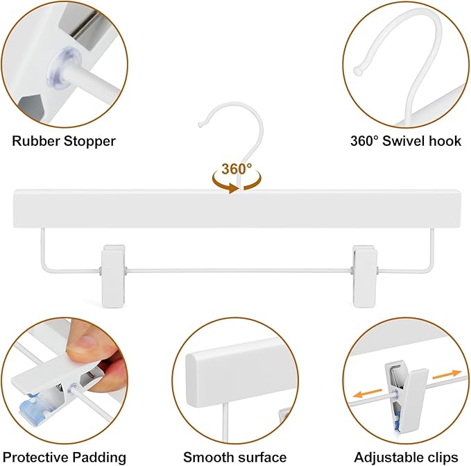 TOPIA HANGER Lotus Wood Pants Hangers, Skirt Short Bridal Trousers Slacks Hangers with 2 Premium Adjustable White Metal Clips with Rubber Stopper Padded 360° Swivel White Hook 20 Pack, CT55W20
