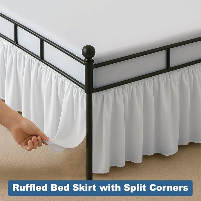 Ruffled Bed Skirt Split Corners with Platform, Tailored Fit Hotel Quality Wrinkle Free Ultra-Soft Microfiber Dust Ruffle, Upto 10 Inch Drop, Queen, White