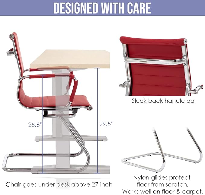 Wahson Office Guest Chairs Set of 10, Leather Reception Chairs, Mid Back Waiting Room Chair, Conference Chairs with Sled Base, Desk Chair No Wheels for Meeting/Lobby/Restroom, Dark Red